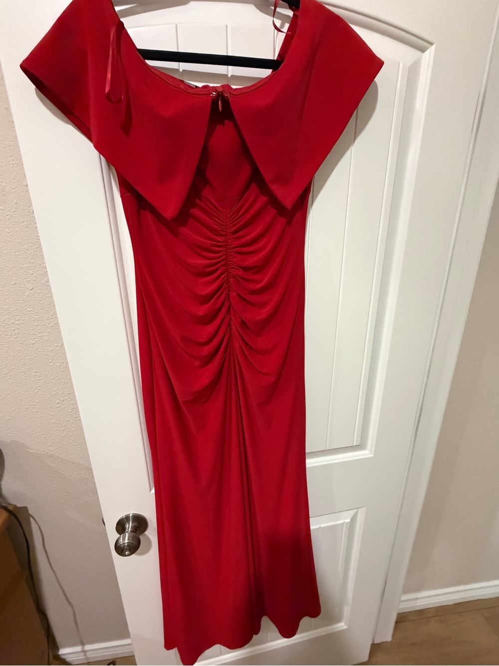 Xscape Red Off-Shoulder Ruched Maxi Dress